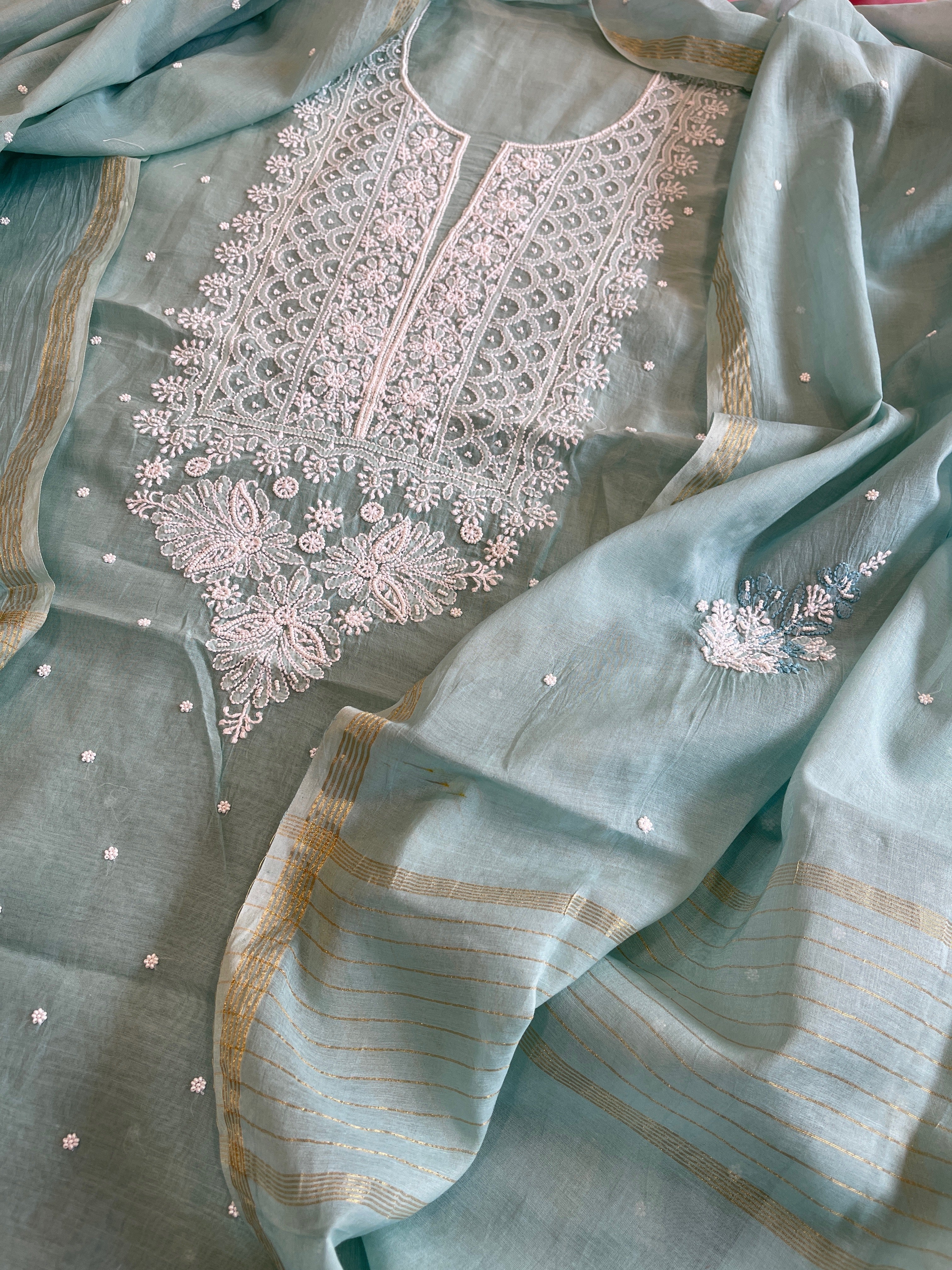 Sea Blue Suit Set with Lucknowi & Pearl Handwork in Pure Mul Cotton - Masakalee
