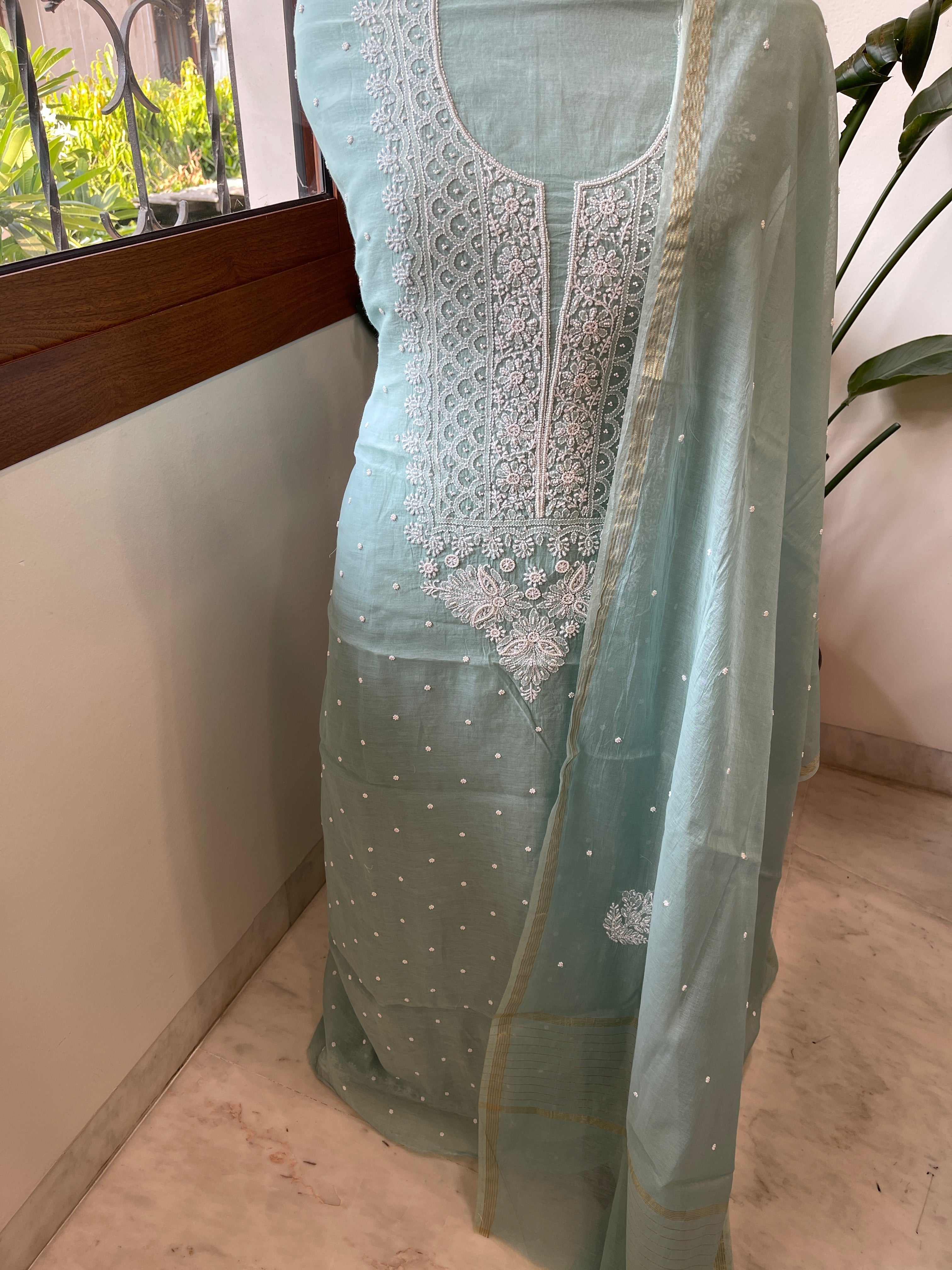 Sea Blue Suit Set with Lucknowi & Pearl Handwork in Pure Mul Cotton - Masakalee