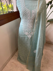 Sea Blue Suit Set with Lucknowi & Pearl Handwork in Pure Mul Cotton - Masakalee