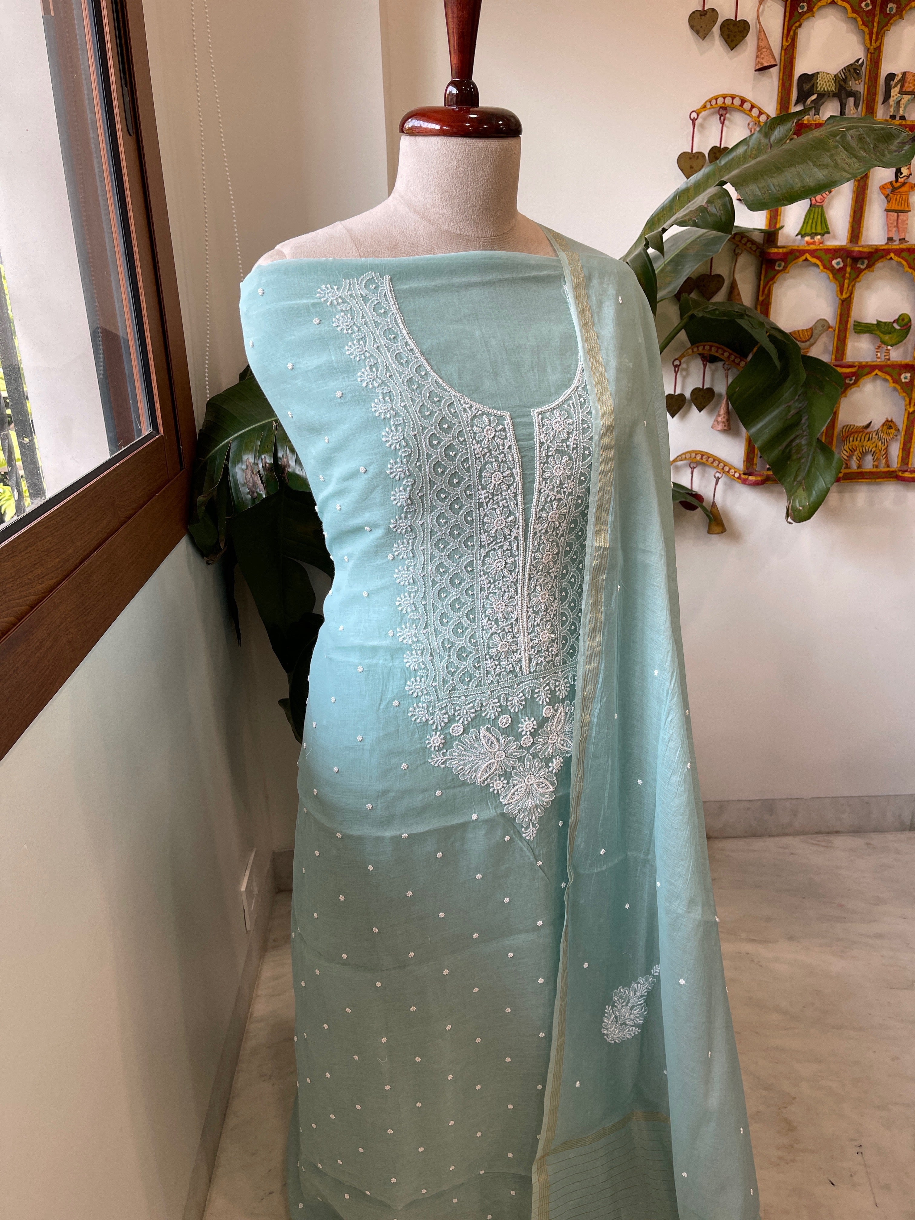 Sea Blue Suit Set with Lucknowi & Pearl Handwork in Pure Mul Cotton - Masakalee