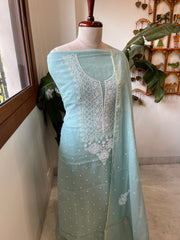 Sea Blue Suit Set with Lucknowi & Pearl Handwork in Pure Mul Cotton - Masakalee
