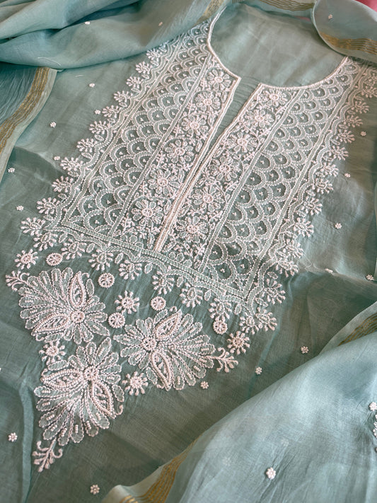 Sea Blue Suit Set with Lucknowi & Pearl Handwork in Pure Mul Cotton - Masakalee