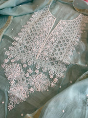 Sea Blue Suit Set with Lucknowi & Pearl Handwork in Pure Mul Cotton - Masakalee