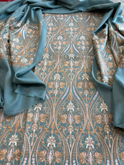Sea Blue Winter Suit Set with Aari Work in Pashmina Wool - Masakalee
