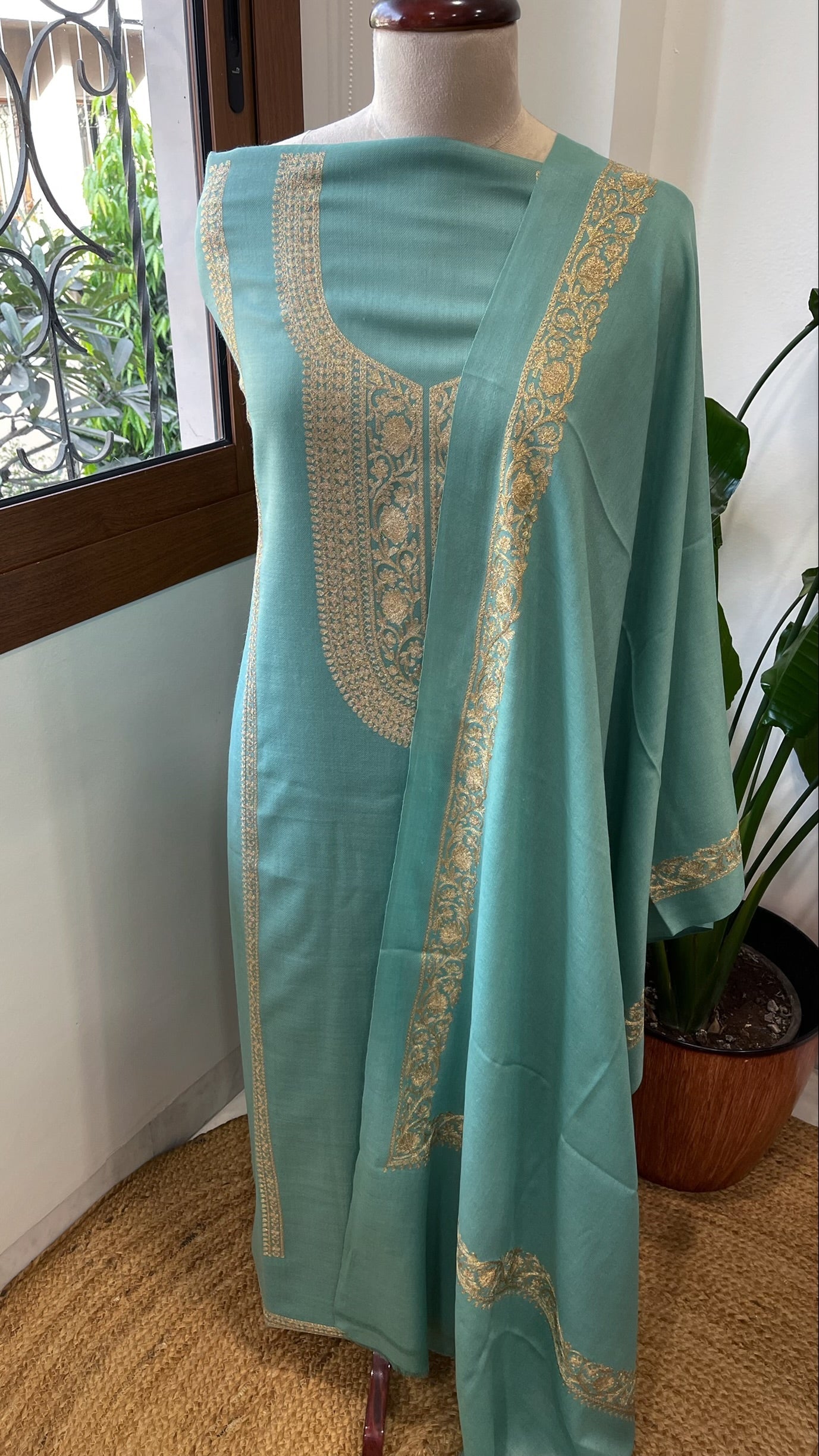 Sea Blue Winter Suit Set with Aari Work in Pashmina Wool - Masakalee