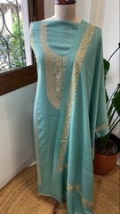 Sea Blue Winter Suit Set with Aari Work in Pashmina Wool - Masakalee