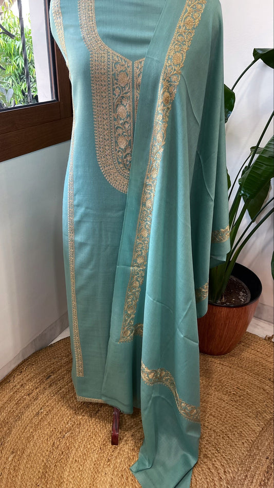 Sea Blue Winter Suit Set with Aari Work in Pashmina Wool - Masakalee