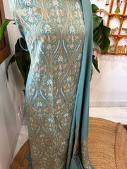 Sea Blue Winter Suit Set with Aari Work in Pashmina Wool - Masakalee