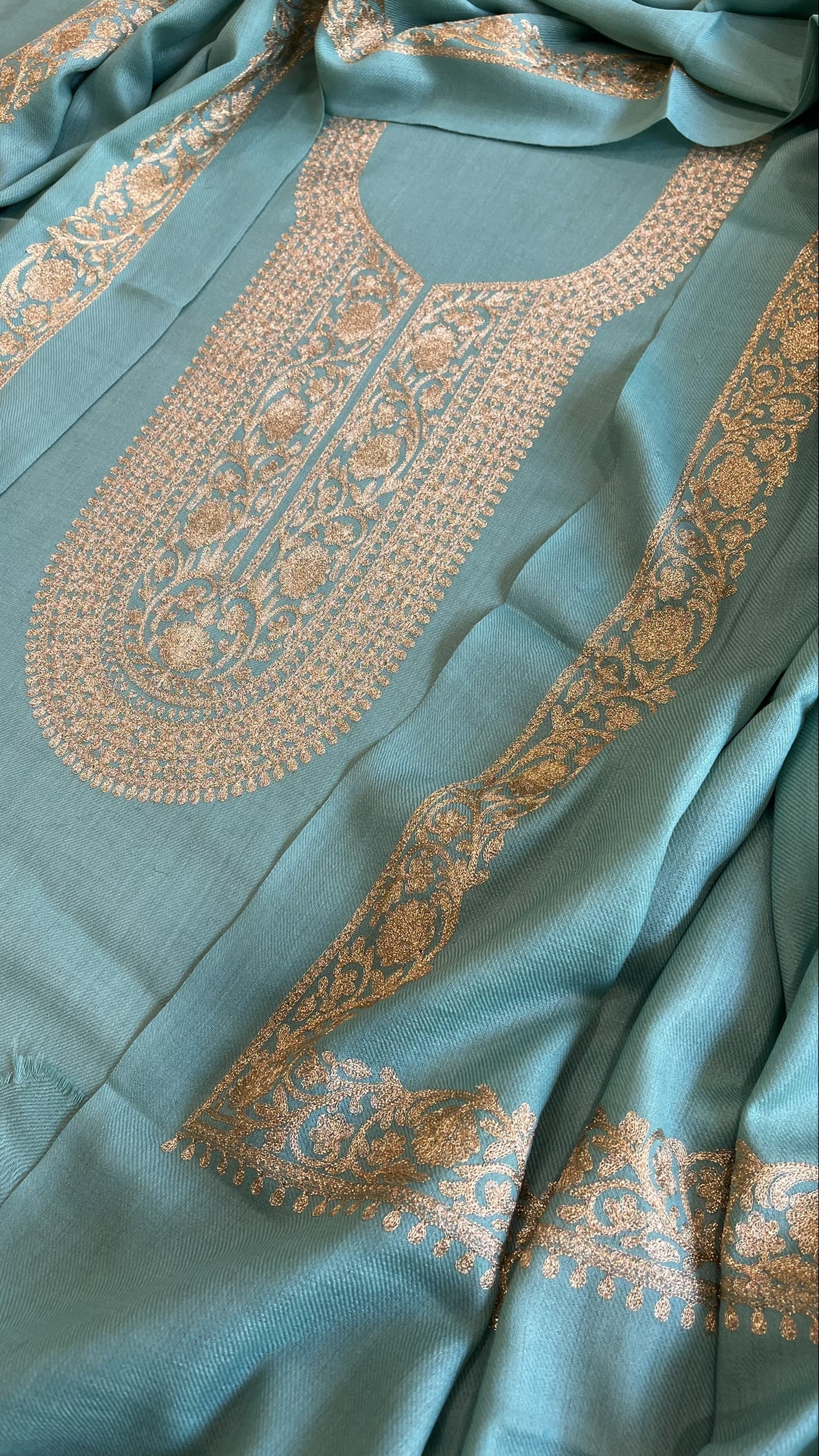 Sea Blue Winter Suit Set with Aari Work in Pashmina Wool - Masakalee