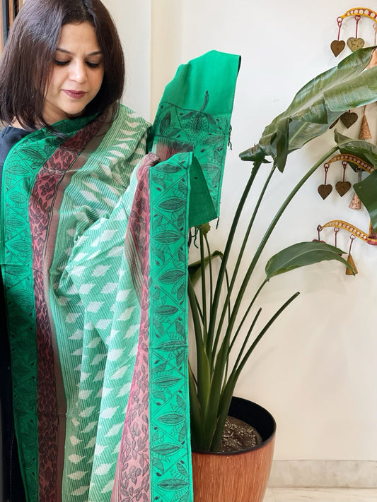 Sea Green Handwoven Ikat Dupatta with Handpainted Madhubani in Cotton - Masakalee