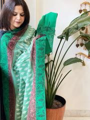 Sea Green Handwoven Ikat Dupatta with Handpainted Madhubani in Cotton - Masakalee