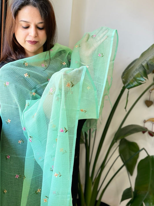 Sea Green Kota Cotton Dupatta with Thread Embroidery - Masakalee