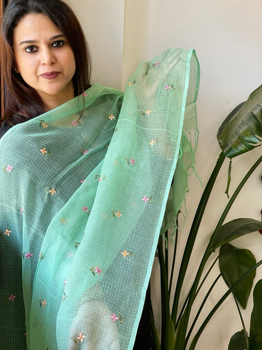 Sea Green Kota Cotton Dupatta with Thread Embroidery - Masakalee