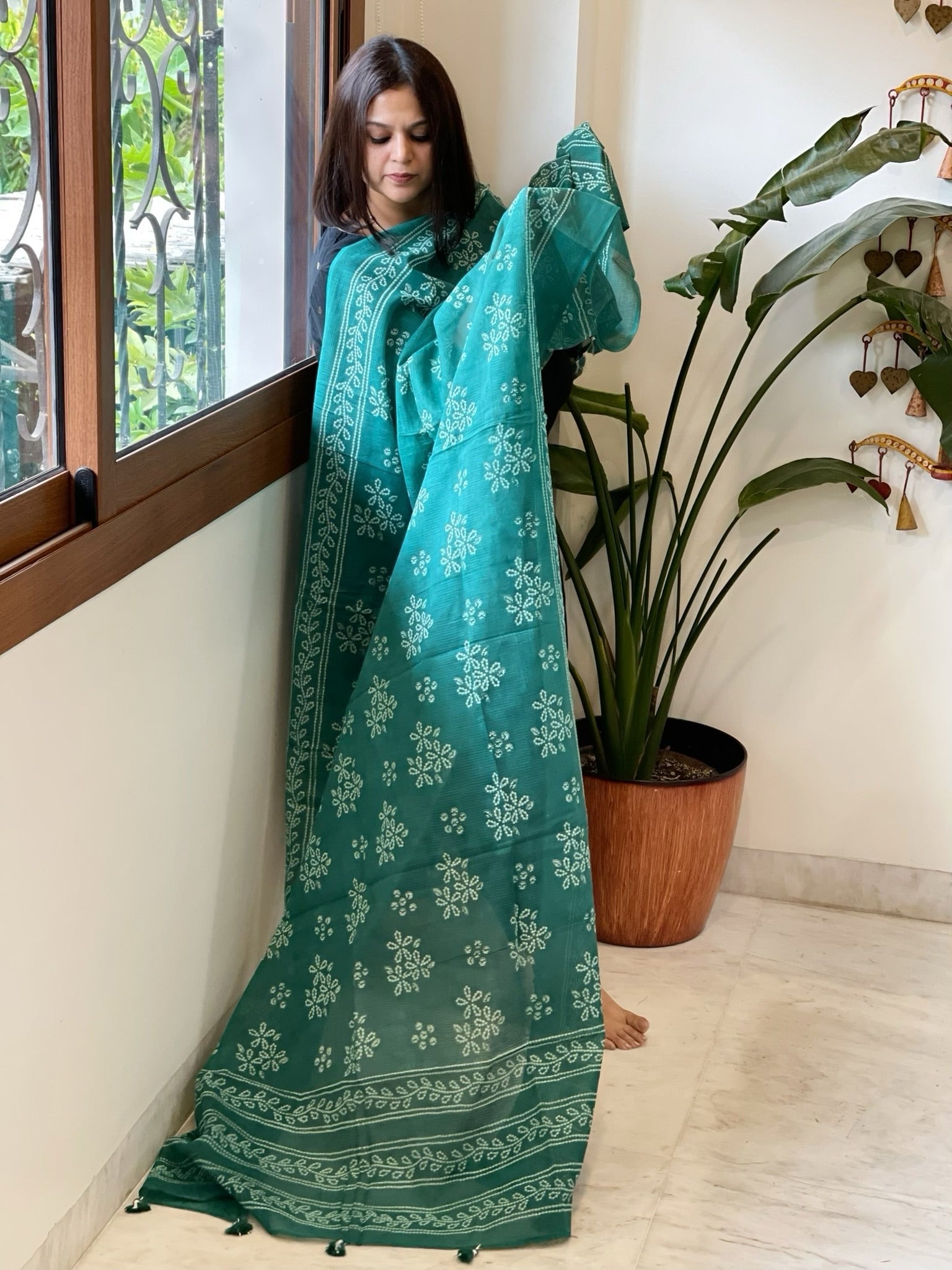 Sea Green Kota Cotton Handblock Printed Dupatta - Masakalee