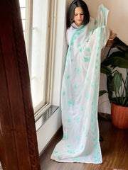 Sea Green, Off - White Mul Cotton Dupatta with Thread Embroidery - Masakalee