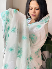 Sea Green, Off - White Mul Cotton Dupatta with Thread Embroidery - Masakalee
