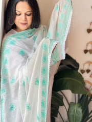 Sea Green, Off - White Mul Cotton Dupatta with Thread Embroidery - Masakalee
