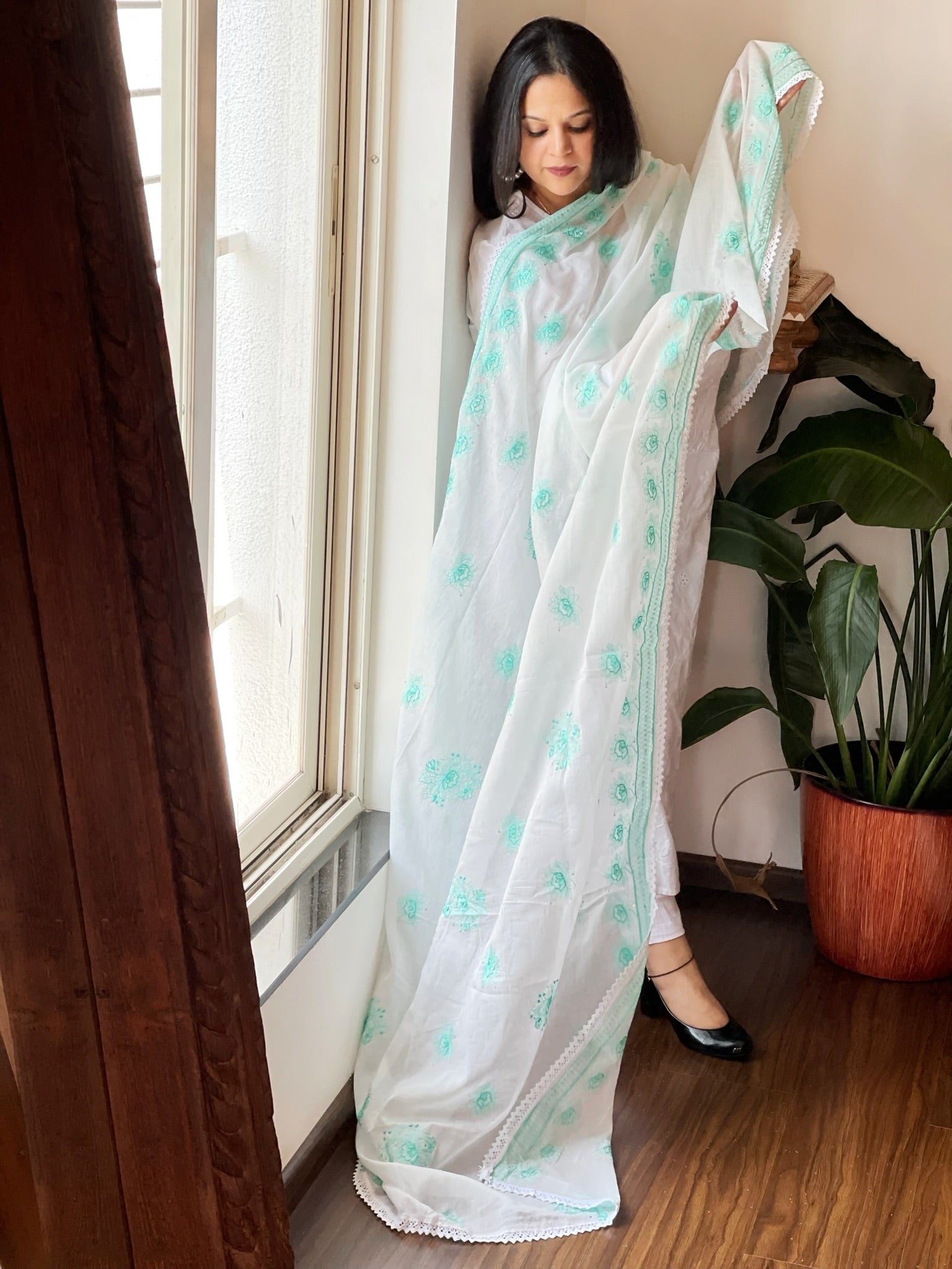 Sea Green, Off - White Mul Cotton Dupatta with Thread Embroidery - Masakalee