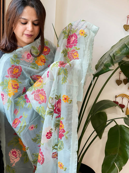 Sea Green Organza Dupatta with cross - stitch embroidery - Masakalee