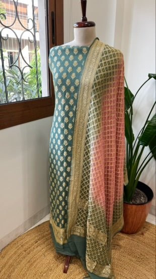 Sea Green, Peachish Pink Handwoven Banarasi Suit Set in Pure Georgette - Masakalee