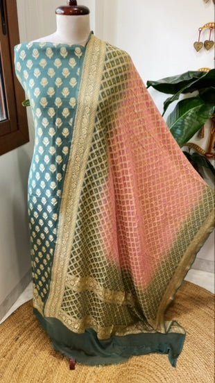 Sea Green, Peachish Pink Handwoven Banarasi Suit Set in Pure Georgette - Masakalee