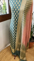 Sea Green, Peachish Pink Handwoven Banarasi Suit Set in Pure Georgette - Masakalee