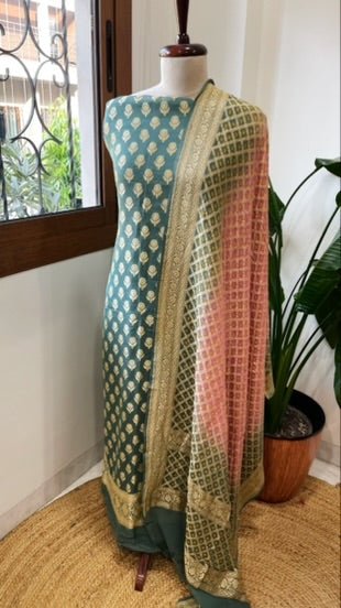Sea Green, Peachish Pink Handwoven Banarasi Suit Set in Pure Georgette - Masakalee