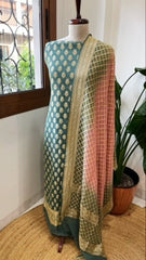 Sea Green, Peachish Pink Handwoven Banarasi Suit Set in Pure Georgette - Masakalee