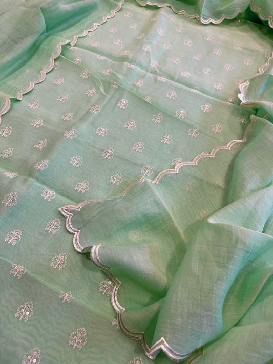 Sea Green Suit Set with Gold Thread & Sequin Work in Pure Mul - Masakalee