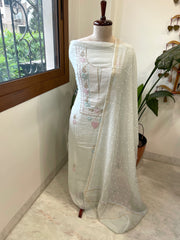 Silver Grey Suit Set with Pearl, Cut Daana and Mukaish Handwork in Pure Mul Chanderi - Masakalee