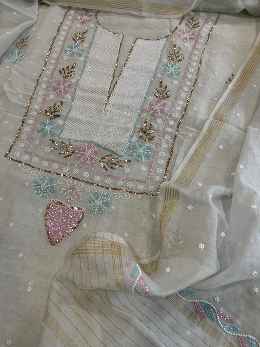 Silver Grey Suit Set with Pearl, Cut Daana and Mukaish Handwork in Pure Mul Chanderi - Masakalee