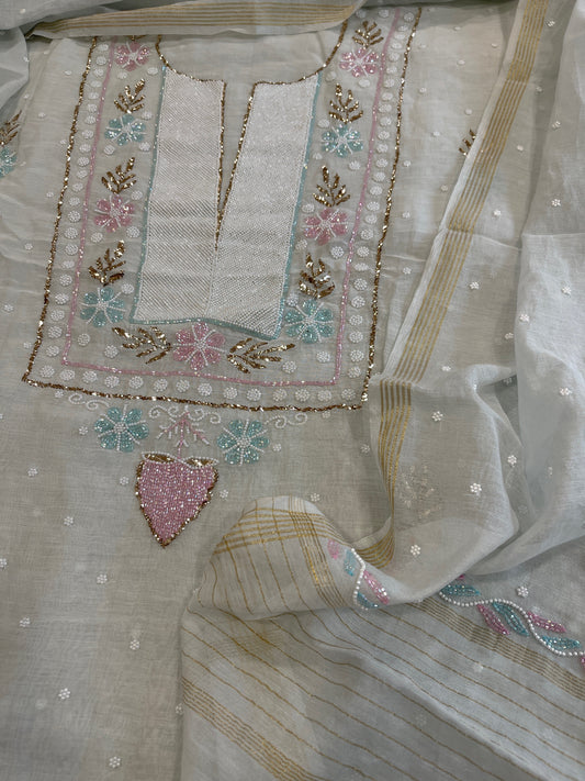Silver Grey Suit Set with Pearl, Cut Daana and Mukaish Handwork in Pure Mul Chanderi - Masakalee