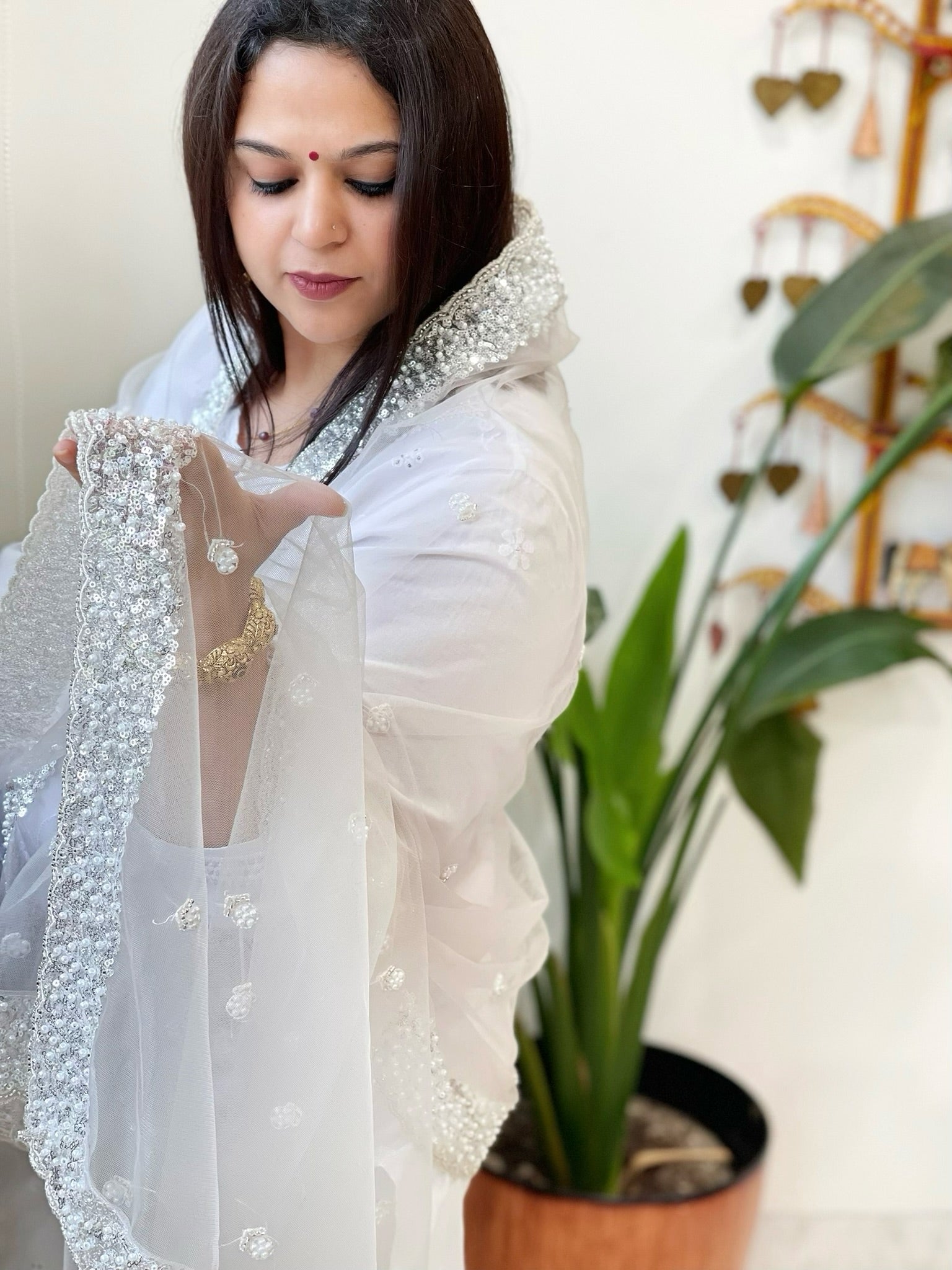 Silver Net Dupatta with Sequin and Pearl Embroidery - Masakalee