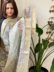 Silver Tissue Dupatta with Organza Embroidered Border - Masakalee