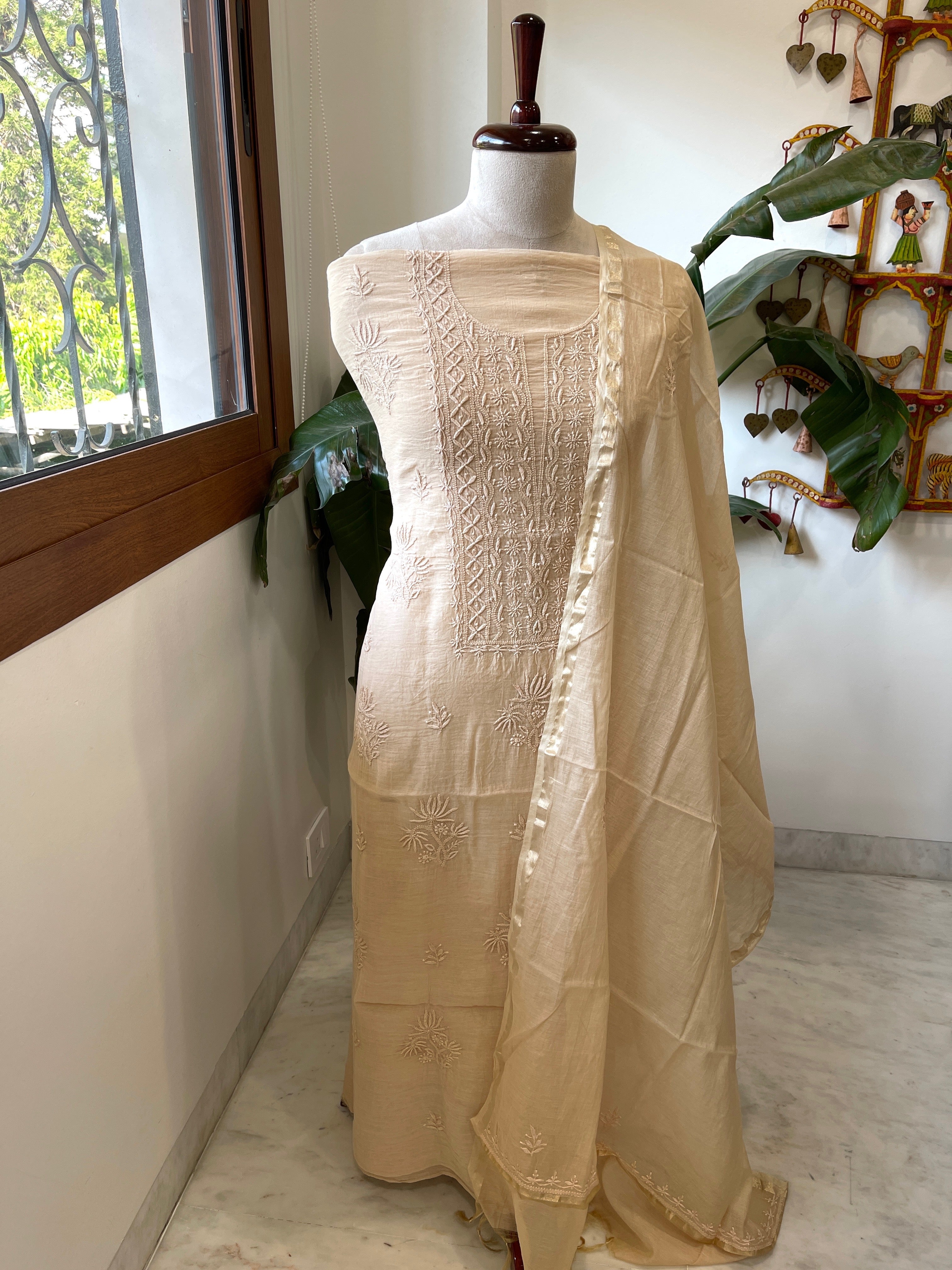 Skin Suit Set with Lucknowi Handwork in Pure Mul Chanderi - Masakalee