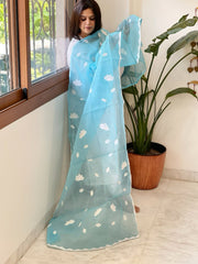 Sky Blue Applique handwork Dupatta in Kota Cotton - Masakalee