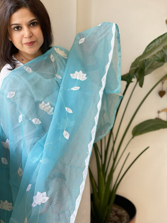Sky Blue Applique handwork Dupatta in Kota Cotton - Masakalee