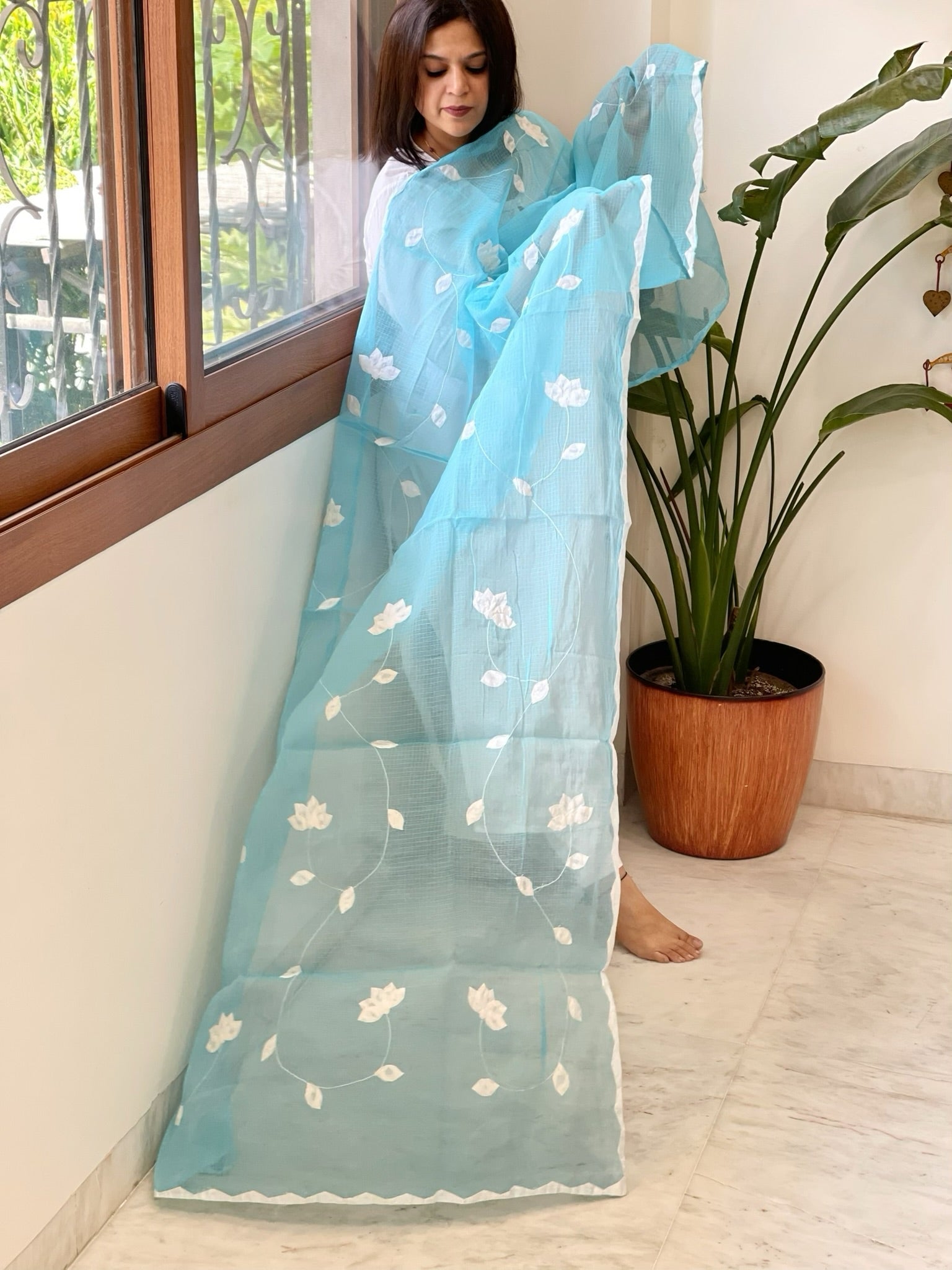 Sky Blue Applique handwork Dupatta in Kota Cotton - Masakalee