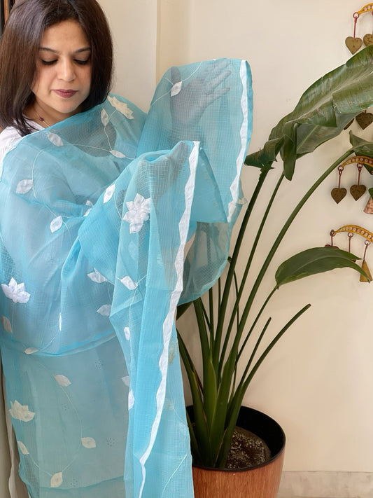 Sky Blue Applique handwork Dupatta in Kota Cotton - Masakalee