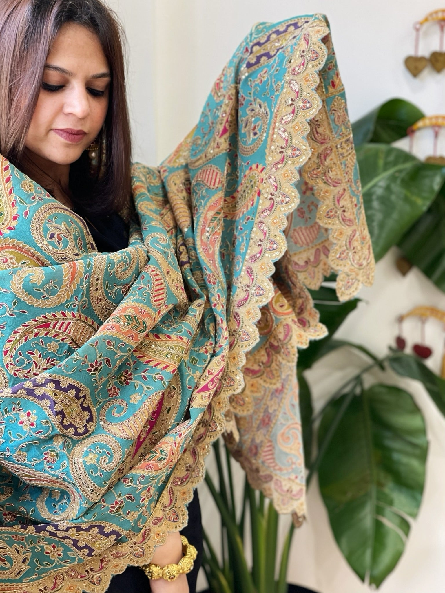 Sky Blue Chinon Dupatta with Aari Embroidery - Masakalee