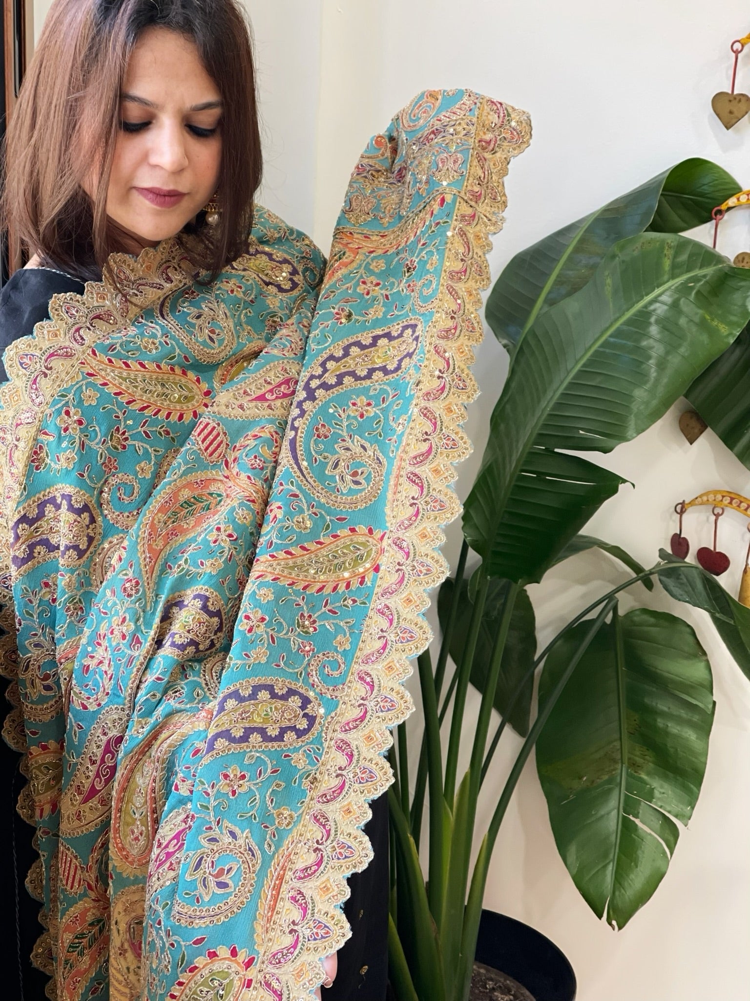 Sky Blue Chinon Dupatta with Aari Embroidery - Masakalee