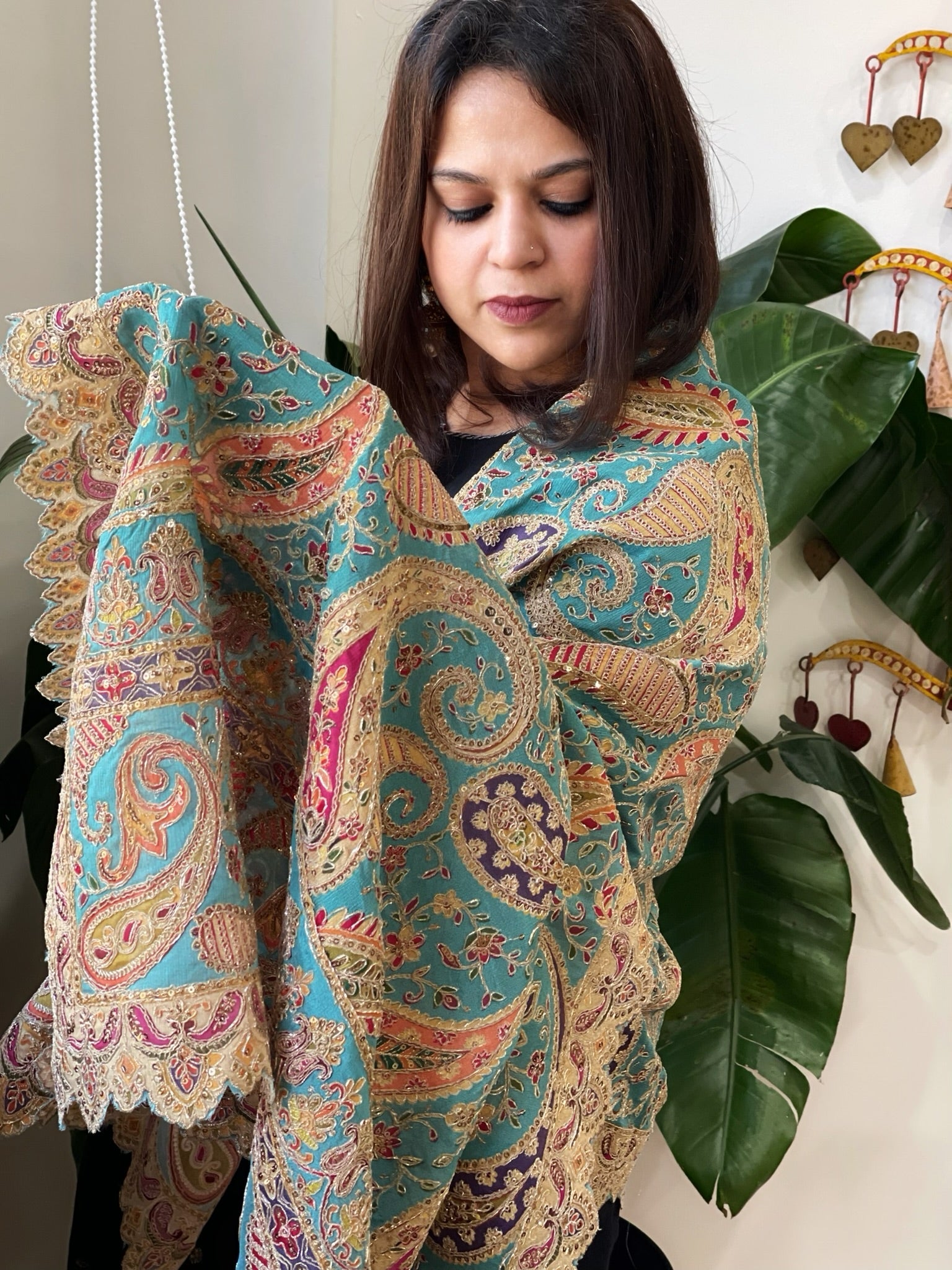 Sky Blue Chinon Dupatta with Aari Embroidery - Masakalee