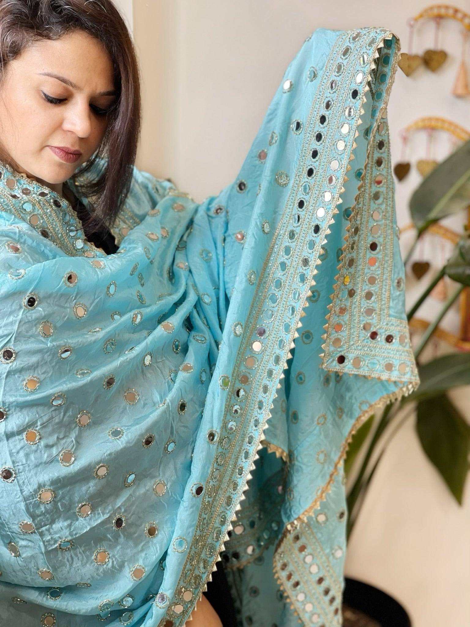 Sky Blue Crepe Dupatta with Mirror and Cut Daana Work with Gota Lace Border - Masakalee