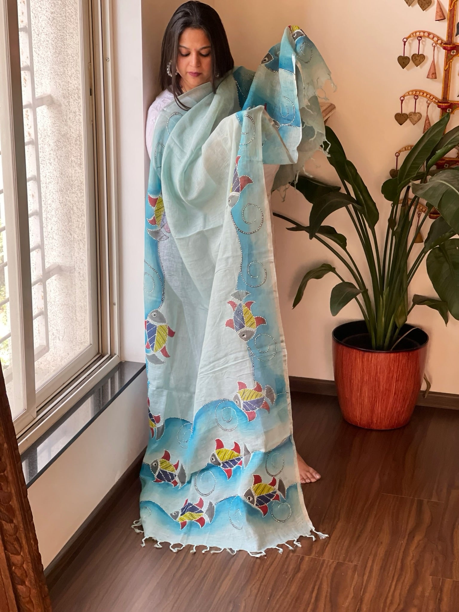 Sky Blue Handpainted Dupatta with Kantha Stitch Handwork in Linen - Masakalee