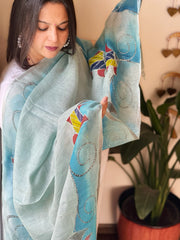 Sky Blue Handpainted Dupatta with Kantha Stitch Handwork in Linen - Masakalee