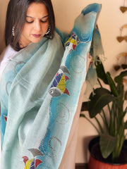 Sky Blue Handpainted Dupatta with Kantha Stitch Handwork in Linen - Masakalee