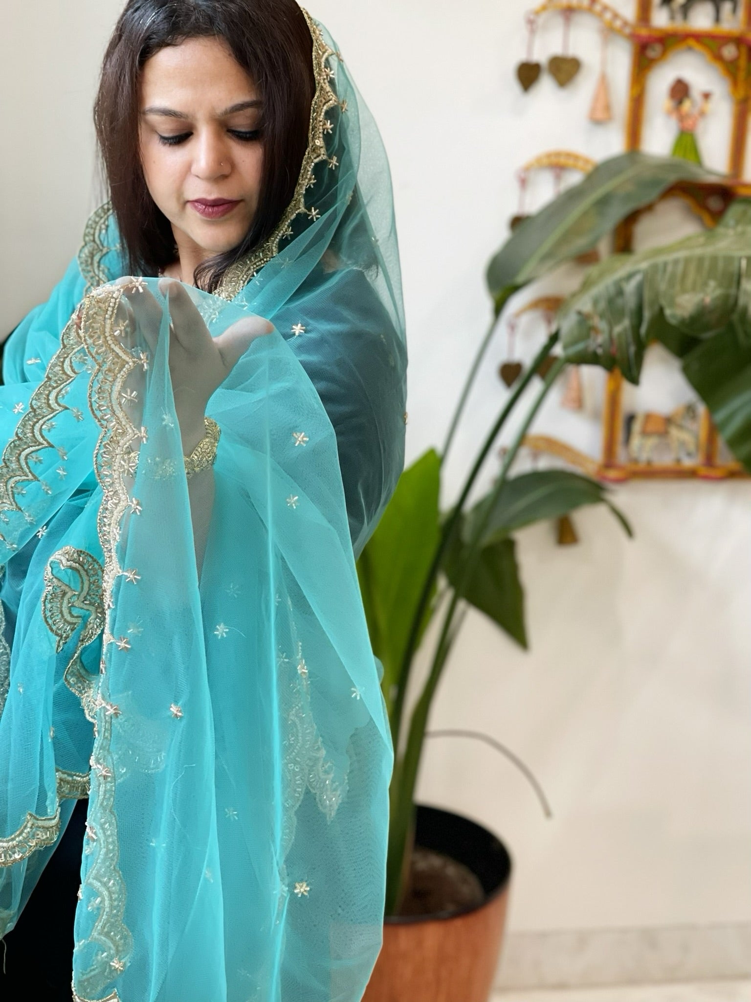 Sky Blue Net Dupatta with Pearl, Sequin and Cut Daana Embroidery - Masakalee