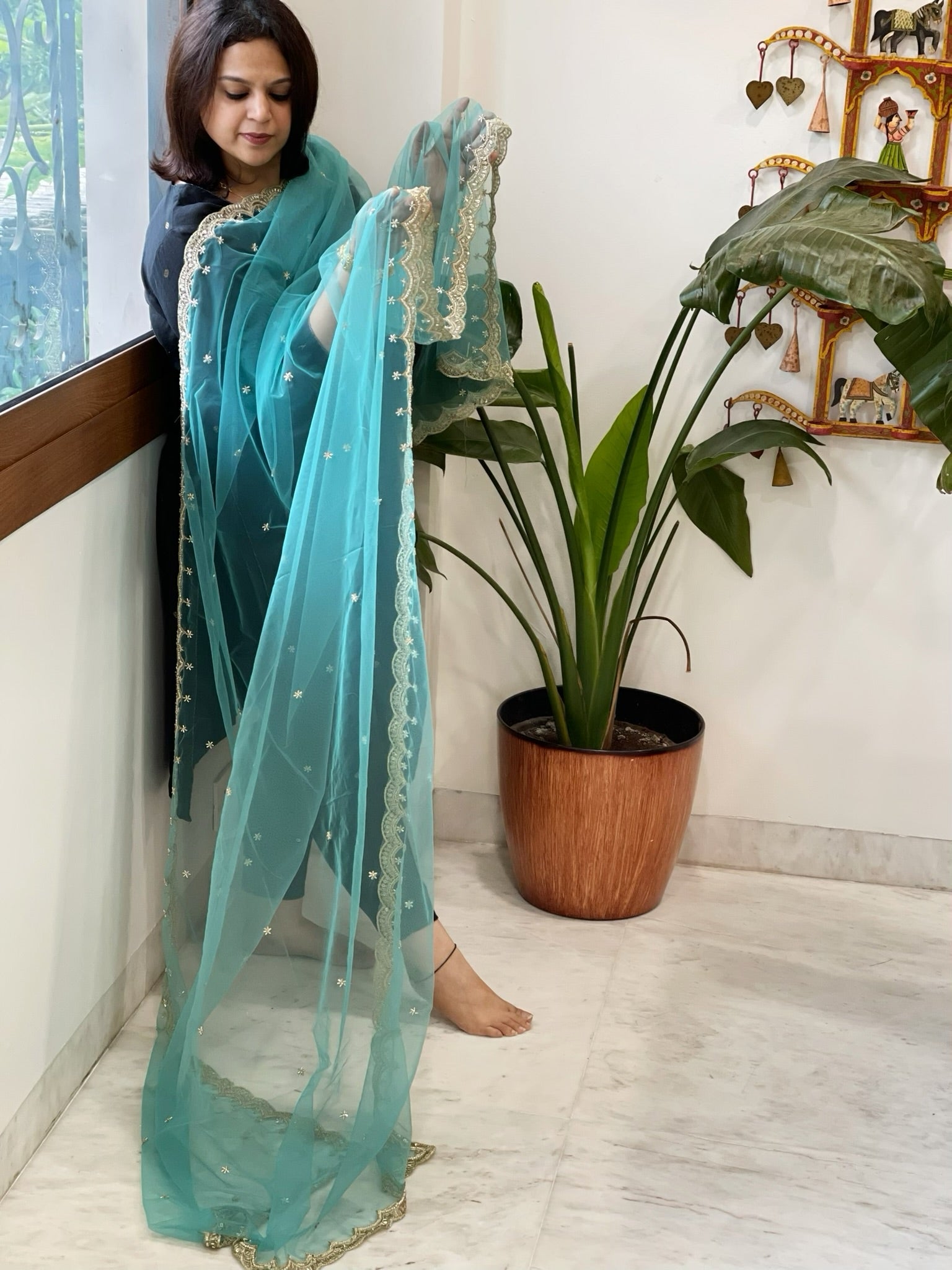 Sky Blue Net Dupatta with Pearl, Sequin and Cut Daana Embroidery - Masakalee