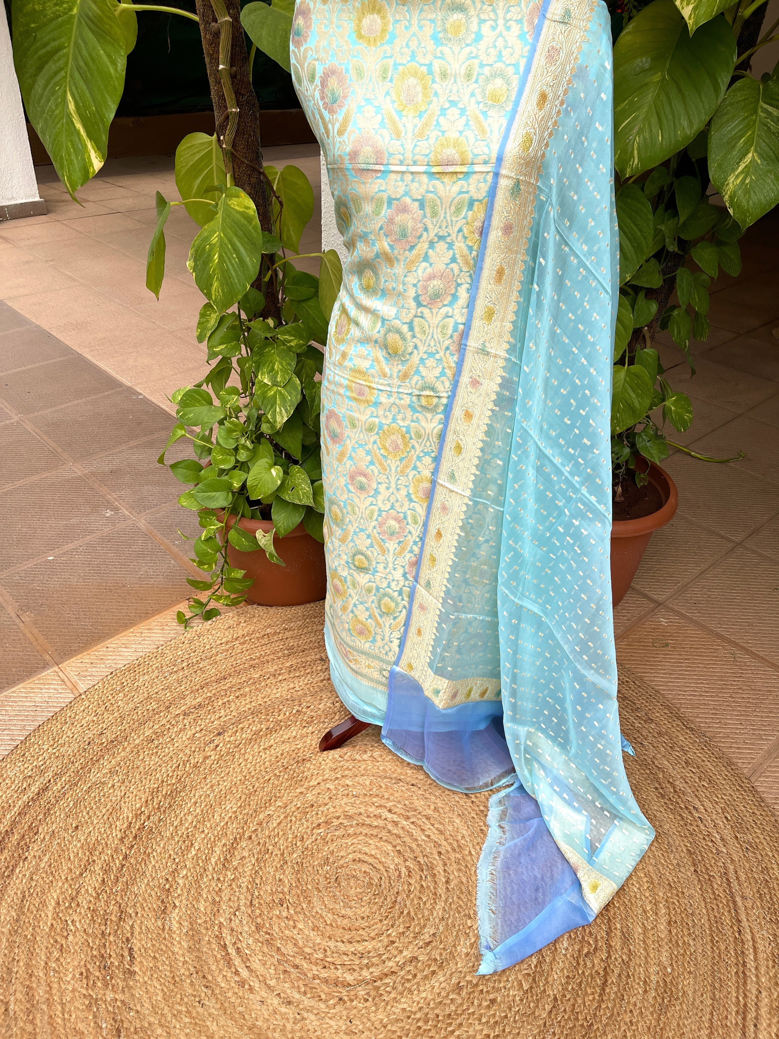 Sky Handwoven Khaddi 3 - Piece Suit Set in Pure Georgette - Masakalee