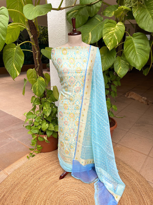 Sky Handwoven Khaddi 3 - Piece Suit Set in Pure Georgette - Masakalee